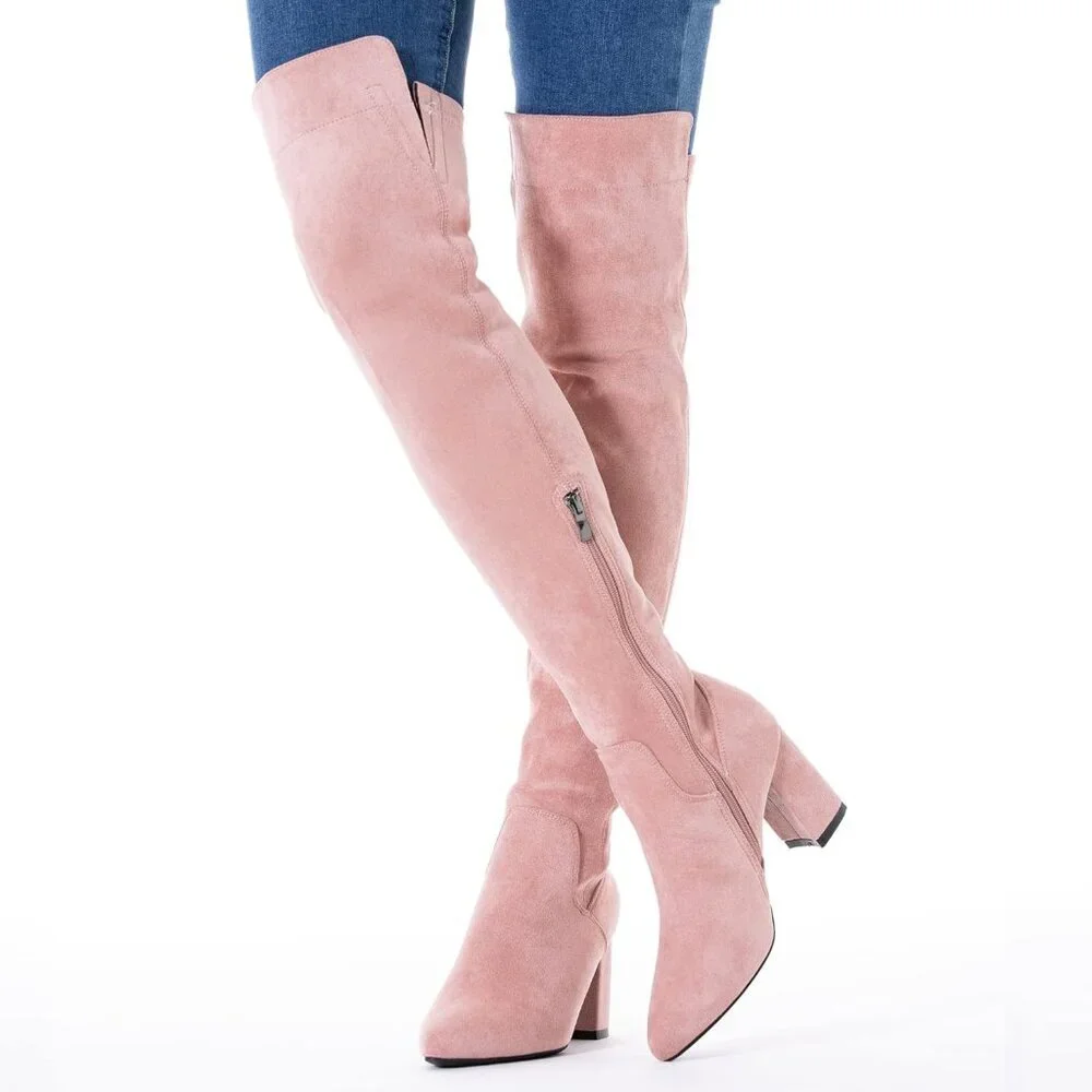 Women Pink/3 Inch Heel Faux Suede Over The Knee Thigh High Low Block Heel Boot